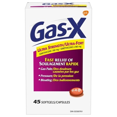 Gas-X Capsules Ultra-fort pour soulager rapidement la douleur, la pression et les ballonnements, 180 mg, 45 unités 45 ea, 0,44 $/1ch