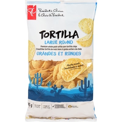 le Choix du Président Croustilles tortilla de maïs blanc grandes et rondes  340 g, 1,18 $/100g