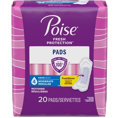 Poise Serviettes d’incontinence et d’incontinence en période post-partum, 4 gouttes absorption moyenne, longueur ordinaire, 20 serviettes 20 ea, 0,45 $/1ch