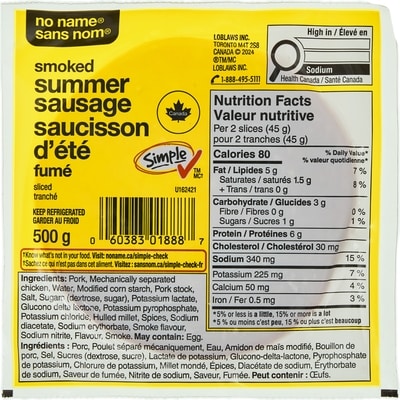No Name Smoked Summer Sausage, Sliced 500 g, $12.00/1kg $1.20/100g