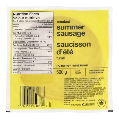 Sans Nom Saucisson d’été fumé tranché 500 g, 12,58 $/1kg 1,26 $/100g