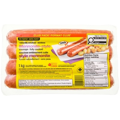 Sans Nom Saucisses entièrement cuites de style mennonite naturellement fumées et sans peau, format club 1 kg, 1,60 $/100g
