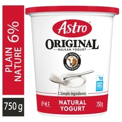 Astro Original Balkan Style Plain Yogurt 6% 750 g, $0.40/100g