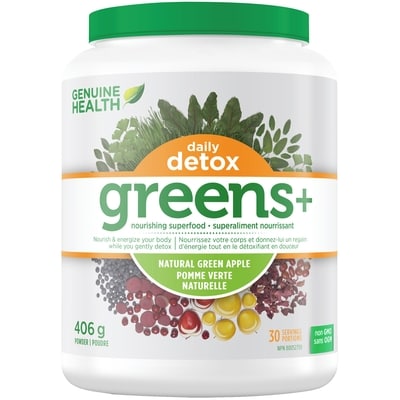 Genuine Health daily detox, greens+, pomme verte naturelle, superaliment en poudre, sans OGM 406 g, 16,26 $/100g