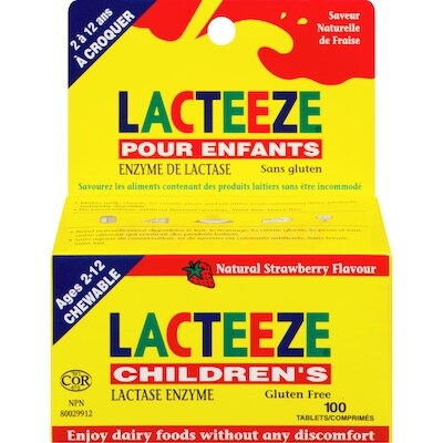 Lacteeze Enzyme de lactose pour enfants fraise 100 ea, 0,23 $/1ch