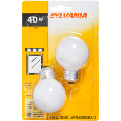 Sylvania G16.5 40W Light Bulbs, White 2 ea, $2.00/1ea