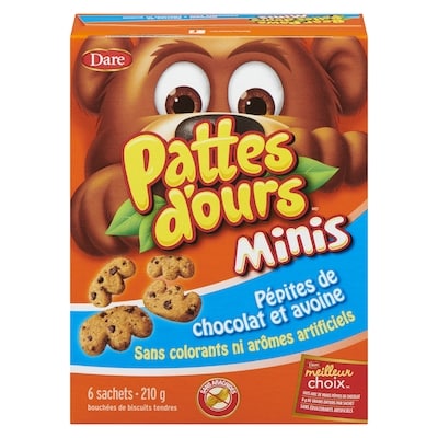 Dare Biscuits Pattes d’ours Minis Pépites de chocolat et avoine 210 g, 2,38 $/100g