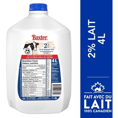 Baxter Lait partiellement écrémé 2% 4 l, 0,22 $/100ml