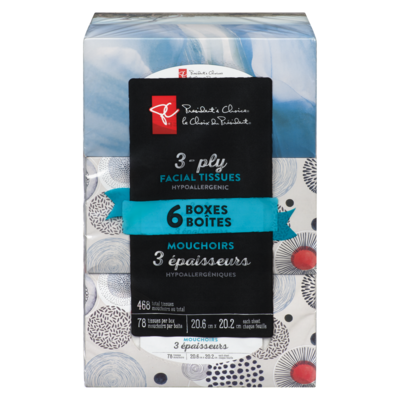 President's Choice 3-Ply Hypoallergenic Facial Tissues, 6 Boxes, 78 Sheets Each 6x1.0 ea, $1.58/1ea