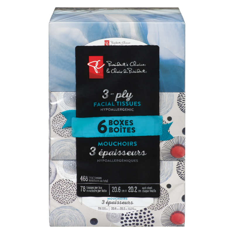 3-Ply Hypoallergenic Facial Tissues, 6 Boxes, 78 Sheets Each
