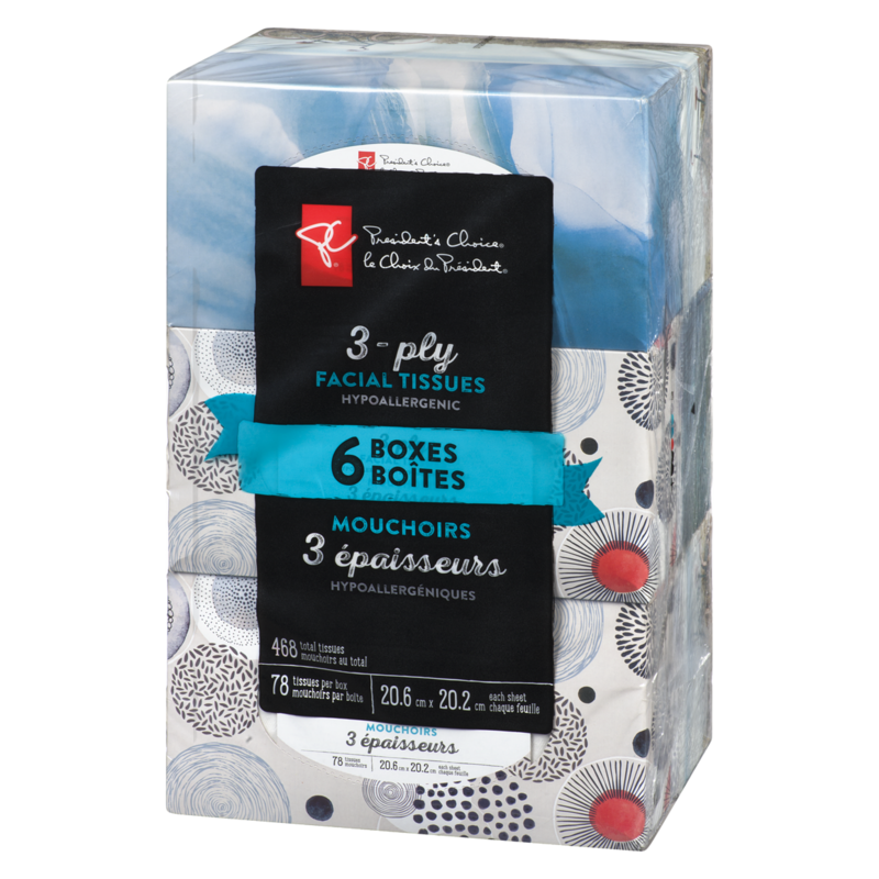 3-Ply Hypoallergenic Facial Tissues, 6 Boxes, 78 Sheets Each