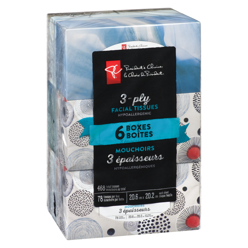 3-Ply Hypoallergenic Facial Tissues, 6 Boxes, 78 Sheets Each