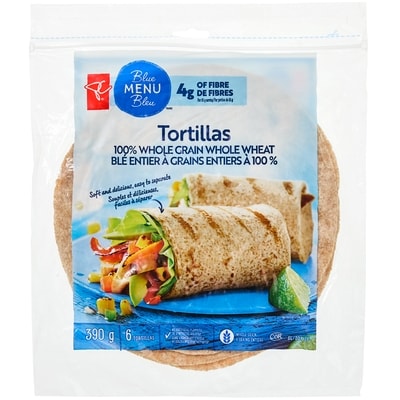 PC Blue Menu 100% Whole Grain Tortillas 6x65.0 g, $0.96/100g