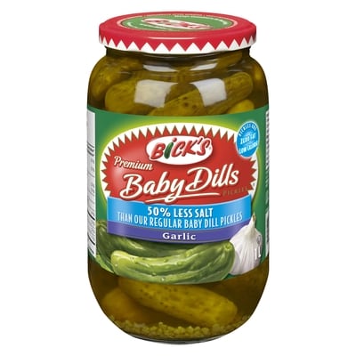 Bicks 50% Less Salt Garlic Baby Dill Pickles 1 l, $0.70/100ml