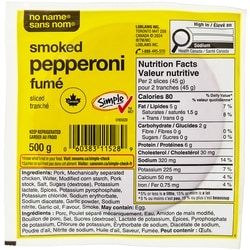 Sans Nom Pepperoni fumé tranché 500 g, 9,98 $/1kg 1,00 $/100g