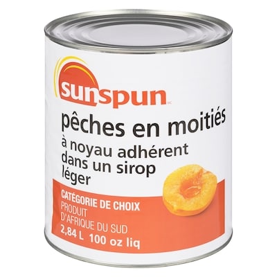 Sunspun Pêches à noyau adhérent en moitiés dans du sirop léger 2.84 l, 0,44 $/100ml