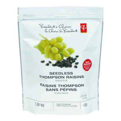 President's Choice Seedless Thompson Dried Raisins  1.36 kg, $1.40/100g