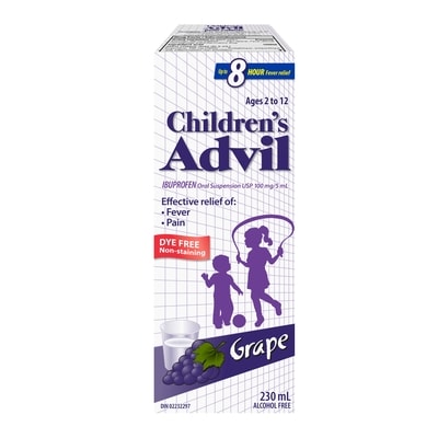 Advil Fever And Pain Relief Ibuprofen Oral Suspension, Dye Free, Grape 230 ml, $6.08/100ml