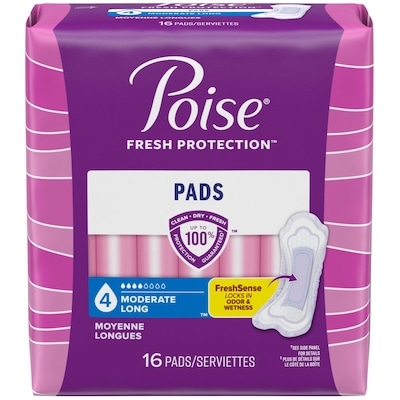 Poise Serviettes pour incontinence Poise, absorption moyenne, longues, 16 serviettes 16 ea, 0,38 $/1ch