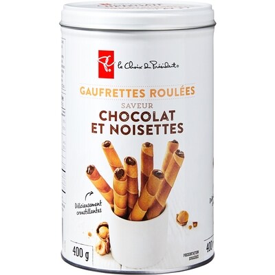 le Choix du Président Gaufrettes roulées à saveur de chocolat et noisettes 400 g, 1,50 $/100g