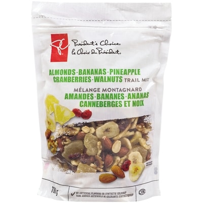 le Choix du Président Mélange montagnard amandes, bananes, ananas, canneberges et noix 700 g, 2,29 $/100g
