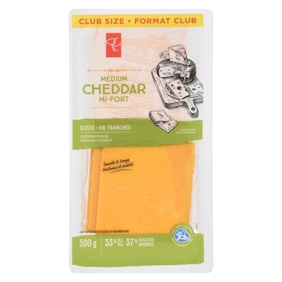 President's Choice Cheddar Cheese Sliced Medium 33% M.F. Club Pack 500 g, $3.20/100g