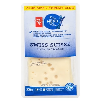 PC Blue Menu Light Swiss Cheese Sliced 18% M.F. Club Size 500 g, $3.40/100g