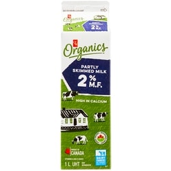 PC Organics Organic Partly Skimmed Milk 2% M.F. 1 l, $0.53/100ml