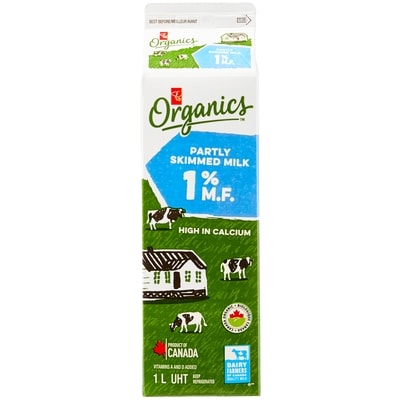 PC Organics Organic Milk 1% 1 l, $0.51/100ml