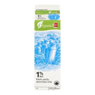 PC Organics Organic Milk 1% 1 l, $0.45/100ml