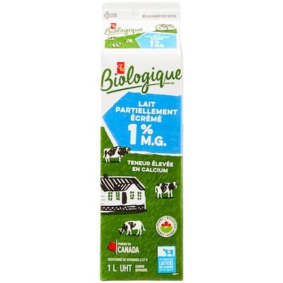 PC Biologique Lait biologique 1% 1 l, 0,51 $/100ml