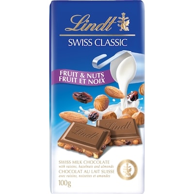 Lindt Chocolat au lait avec fruits et noix SWISS CLASSIC – Barre 100 g, 5,49 $/100g