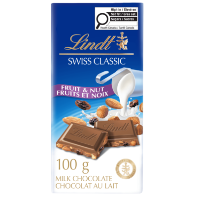 Lindt SWISS CLASSIC Barre de chocolat au lait aux fruits et aux fruits secs 100 g, 4,99 $/100g