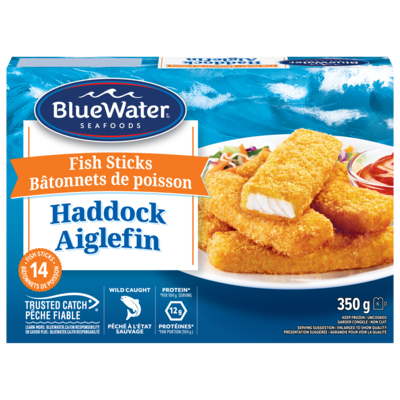 BlueWater Seafoods Haddock Fish Sticks 350 g, $2.85/100g