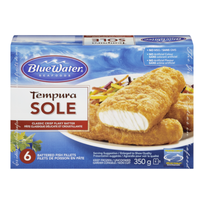 BlueWater Seafoods Tempura Sole Fish Fillets, Wild Caught Sole, Frozen, 6 Count 350 g, $2.57/100g
