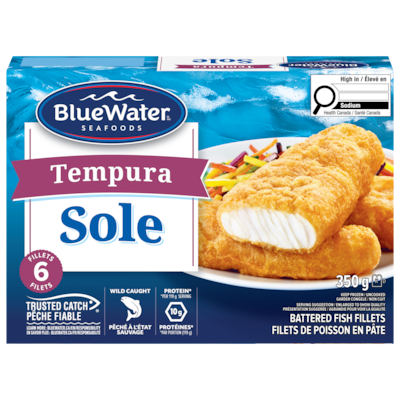 BlueWater Seafoods Tempura Sole Fish Fillets, Wild Caught Sole, Frozen, 6 Count 350 g, $2.85/100g
