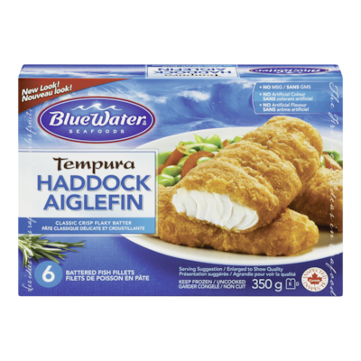 BlueWater Seafoods Tempura Haddock Fish Fillets, Wild Caught Haddock, Frozen, 6 Count 350 g, $1.71/100g