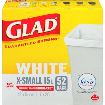 Glad Kitchen Catchers White Garbage Bags - X-Small 15 Litres - Febreze Fresh Clean Scent 52 ea, $0.15/1ea
