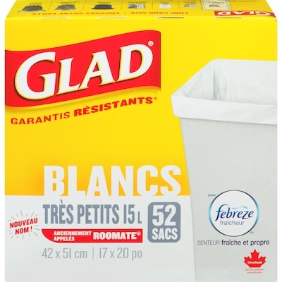 Glad Très petits sacs à ordures blancs avec senteur fraîche et propre de Febreze fraîcheur, sacs à ordures de 15 L 52 ea, 0,18 $/1ch