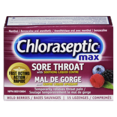 Chloraseptic Pastilles contre les maux de gorge Max à saveur de baies sauvages 15 ea, 0,40 $/1ch