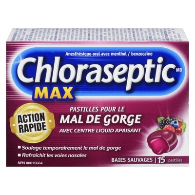 Chloraseptic Pastilles contre les maux de gorge Max à saveur de baies sauvages 15 ea, 0,40 $/1ch
