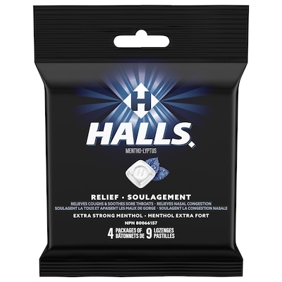 Halls Extra Strong Menthol Cough Drops, 9 count, 4 packs 4 ea, $1.50/1ea