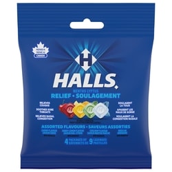 Halls Assorted Flavours Cough Drops, Sore Throat Relief, 9 count, 4 packs 4 ea, $1.75/1ea