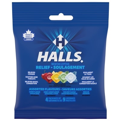 Halls Assorted Flavours Cough Drops, Sore Throat Relief, 9 count, 4 packs 4 ea, $1.62/1ea