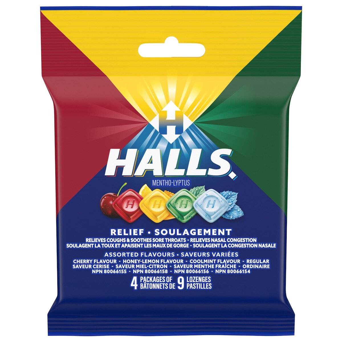 Halls saveurs assorties, soulagement des maux de gorge, 9 unités, 4 paquets 4 ea, 1,75 $/1ch