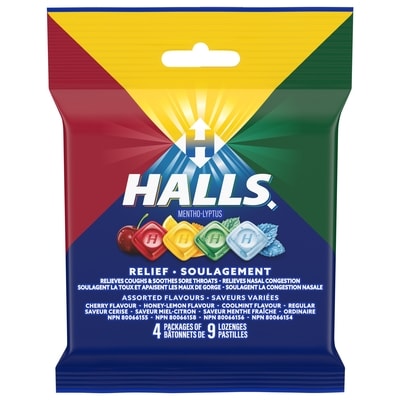 Halls saveurs assorties, soulagement des maux de gorge, 9 unités, 4 paquets 4 ea, 1,62 $/1ch