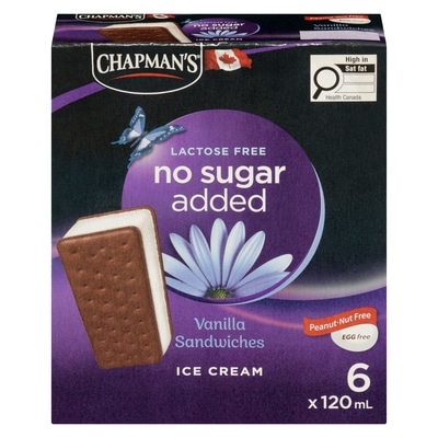 Chapmans No Sugar Added Lactose Free Ice Cream Sandwiches Vanilla 6x120.0 ml, $1.18/100ml