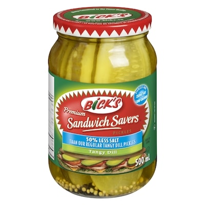 Bicks 50% Less Salt Sandwich Savers Pickles, Tangy Dill 500 ml, $1.20/100ml