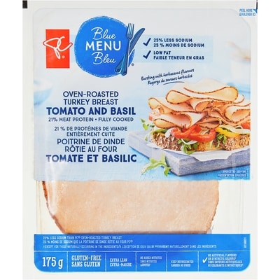 PC Blue Menu Blue Menu Oven-Roasted Tomato and Basil Turkey Breast Slices 175 g, $44.51/1kg $4.45/100g