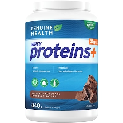 Genuine Health whey proteins+, chocolat naturel, poudre de protéines 840 g, 8,03 $/100g